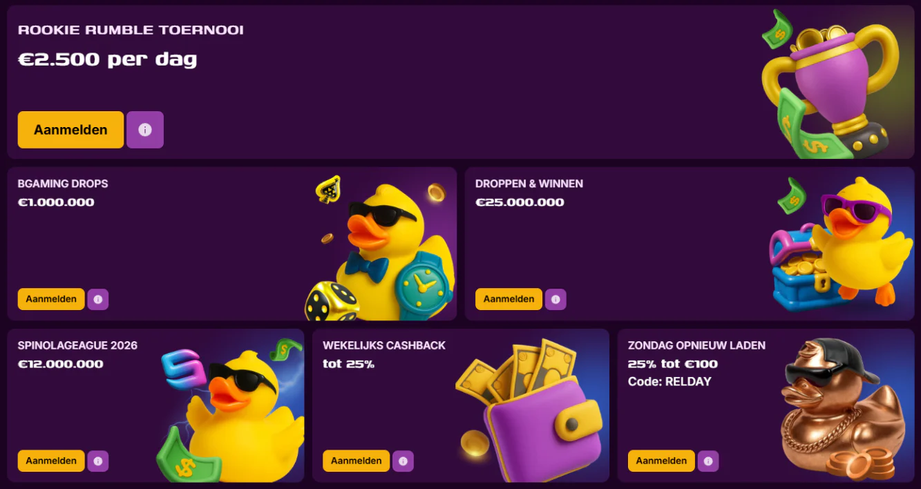 Duckysino-promoties met toernooien, wekelijkse cashback en zondagse reloadbonussen
