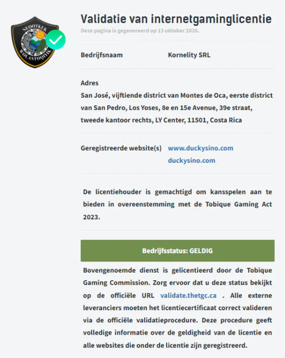 Licentievalidatie van Duckysino met bedrijfsnaam Kornelity SRL en status GELDIG